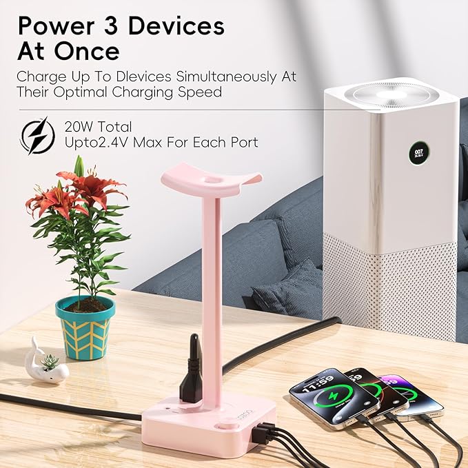 Pink Headphone Stand with USB Charger, Gaming Headset Holder with 3 USB Ports & 2 AC Outlets, PD Fast Charging & QC3.0, Desk Organizer for Girls, Gifts for Her,Girlfriend,Teen, Pink Gaming Accessories