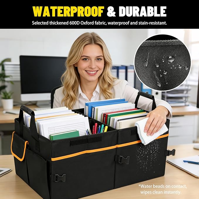 95L Car Trunk Organizer with 2 Tie-Down Straps&2 Removable Dividers|Foldable Cover,Multi-Compartment Collapsible Storage Box for SUV&Sedan&Truck|Non-Slip Bottom,3mm Durable PE Board Construction