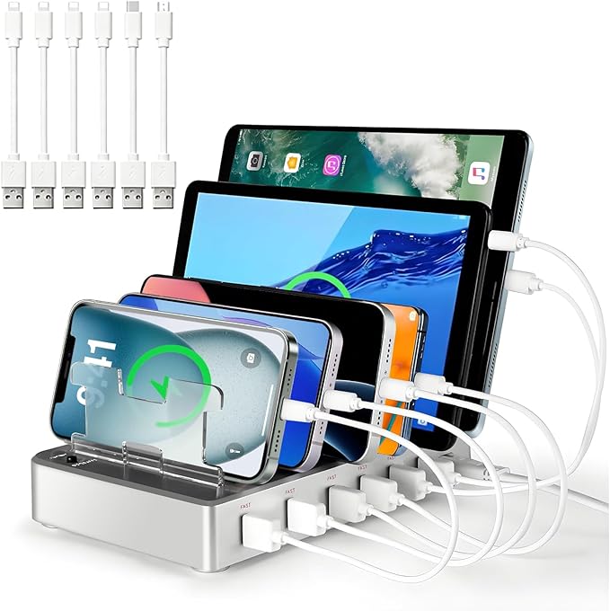 300W Fast Charging Station for Multiple Devices, 6 Port USB Charging Hub, Universal Desktop Charger Organizer Compatible with iPhone iPad Android Phones Tablets Kindle Home Office Travel
