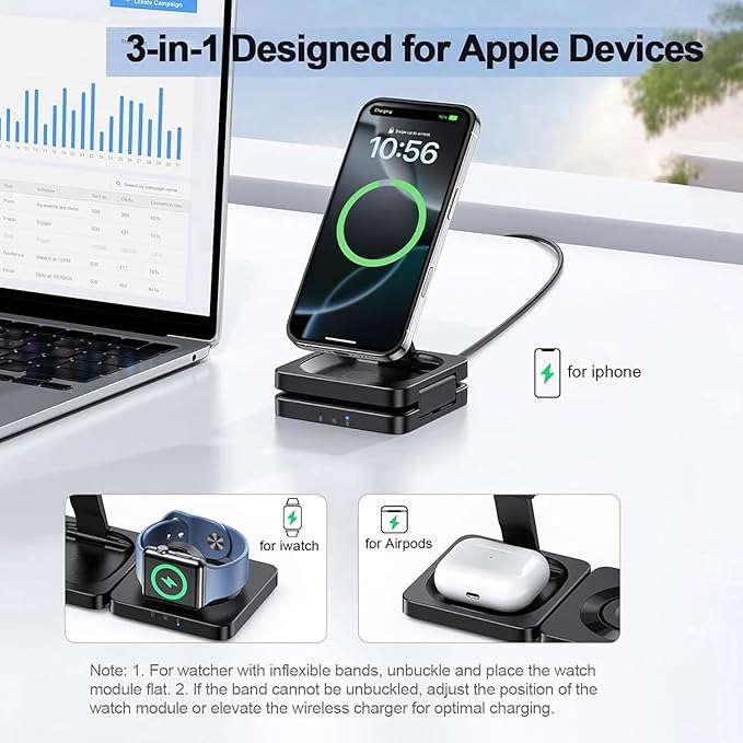 3 in 1 Wireless Charger Charging Stand Station Foldable for Mag-Safe Charging, 15W Fast Charge iPhone 17 Pro Max/17 Air/16/15/14 Plus/13/12 Mini,Air Pods,Apple Watch Series