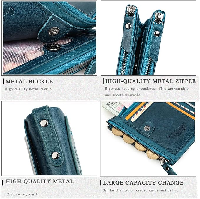 CONTACTS Womens Bifold Wallet Leather Small Zipper Coin Purse for Women Fashion Card Holder with ID Window (Peacock Blue)
