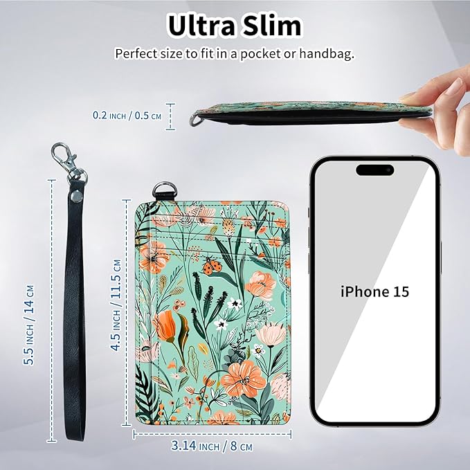 Slim Minimalist Front Pocket Wallet,Credit Card Holder Wallet for Women Men,RFID Blocking Credit Card Holder Case Leather Cute Small Thin Wallet ID Window&Wrist Strap,Floral Plant Green