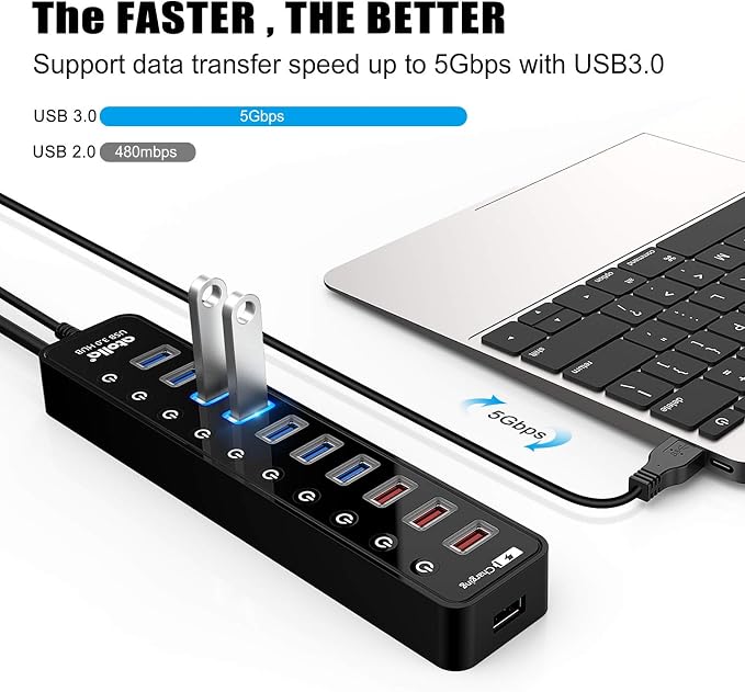Powered USB 3.0 Hub, USB 3.0 Data Hub 11 Ports - 7 USB 3.0 Data Ports + 4 Smart Charging Port with Individual On/Off Switches and 12V/4A Power Adapter USB Hub 3.0 Splitter