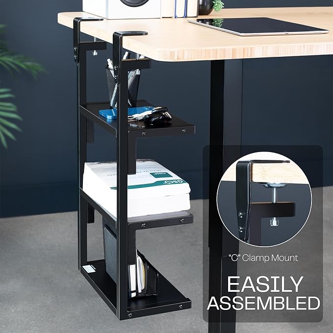 VIVO Clamp-on 13 inch Above or Below Desk 3-Tier Shelving Unit for Table Accessories, Gaming Devices, and More, Storage Tray, Desktop Organizer, Black, STAND-SHELF3C