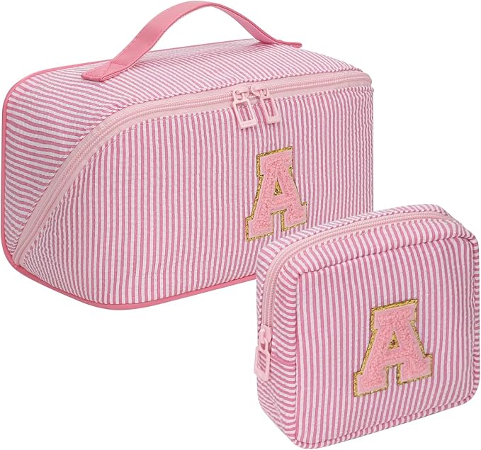 2026 Graduation Gifts - Travel Makeup Bag for Women, 2Pcs Portable Personalized Initial Makeup Organizer Bag, Open Flat Large Cosmetic Bag With Travel Essential Pouch (Pink Letter A)