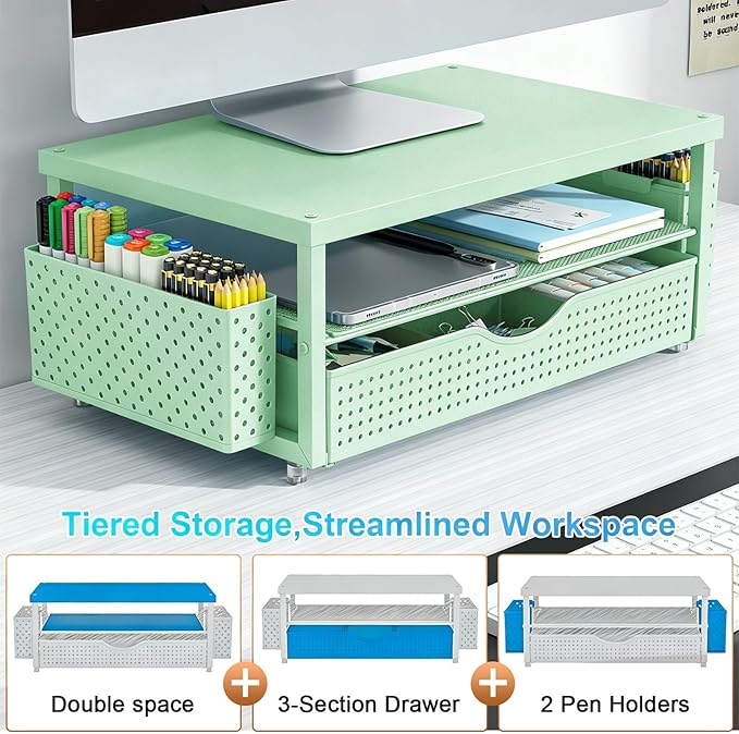 gianotter Desk Organizers and Accessories, Monitor Stand with Drawer and 2 Pen Holder, Desktop Organizer Suitable for Offices and Dormitories (Sage Green-Plain)