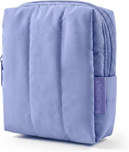 BAGSMART Small Travel Makeup Bag for Purse Toiletry Pouch, Puffy Padded Mini Cosmetics Bag, Cute Make Up Pouch for Women with Slip-in Pocket, Travel Essentials for Toiletries, Purple
