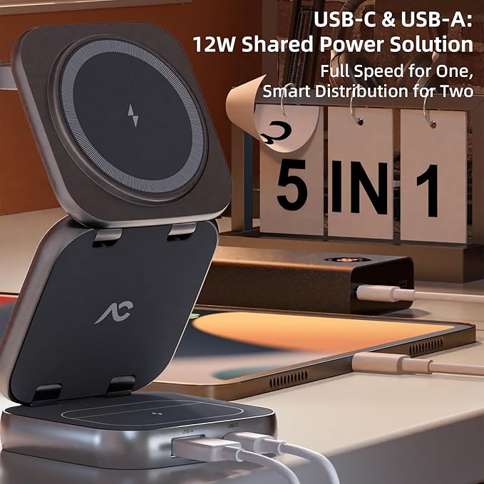 5-in-1 Wireless Charger for MagSafe, AC ISLAND Portable Travel Charging Station, 35W Max Fast Foldable Magnetic Stand, Evolved for iPhone 17-12 & Air Series, Apple Watch, AirPods (with 35W Adapter)