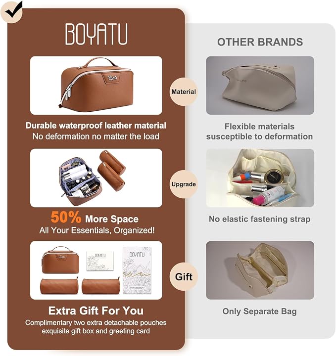 BOYATU Travel Makeup Bag Cosmetic Bags for Women: Large Capacity 3 Pcs Set Make up Bag with Compartments - Waterproof Vegan Leather Toiletry Organizer Bags with Handle (L25Brown)