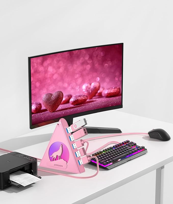 7 USB 3.0 Ports, Howling Wolf Pink USB Hub - 2FT Long Cable, Vertical USB Hub Expander Compatible with PC, Laptop, Flash Drive, HDD, Console, Printer, Keyborad, Mouse