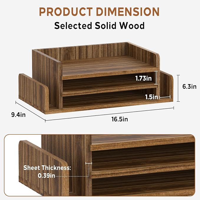SUPEASY Wooden Desk Organizer, 3-Tier Letter Tray File Organizer with Dual Side Mail Sorter, Solid Wood Desktop Paper Organizer for Office, Home Office, Classroom（Dark Brown）