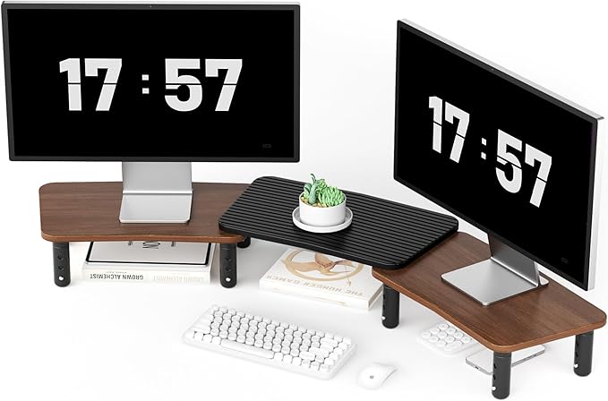 AFOOYO Dual Monitor Stand For Desk,Adjustable Height Long Wood Computer Riser For Computer,Laptop,Printer,TV,Walnut