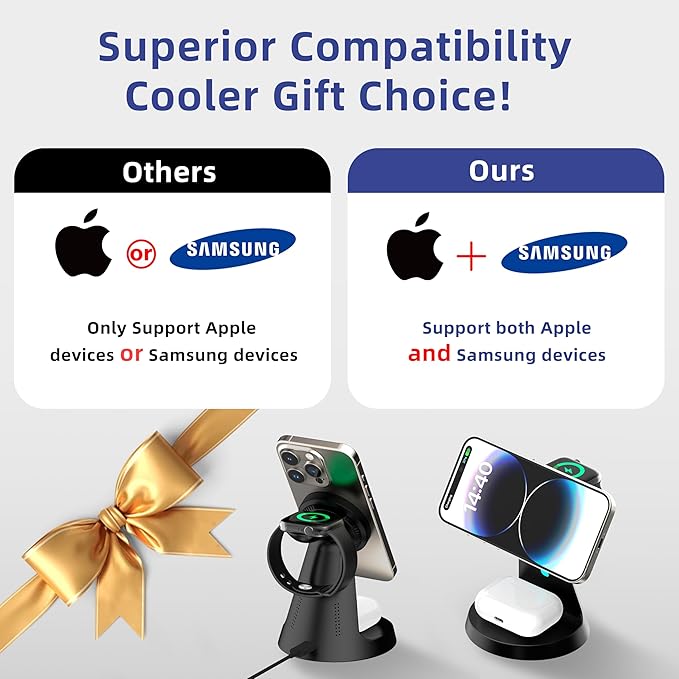 𝟐𝟎𝟐𝟔 𝐍𝐞𝐰 Magnetic Wireless Charger for Samsung & Apple Devices, 3 in 1 Charging Station Magnetic Charger Stand simultaneously Compatible with Samsung and Apple Series Black