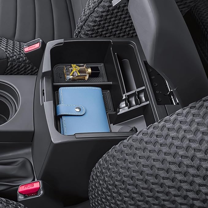 HGWEI Upgrade Center Console Organizer Compatible with 2005-2021 Nissan Frontier Interior Accessories Middle Armrest Storage Box Insert Compartment Tray Hidden Storage Space with Rubber Mats, Black