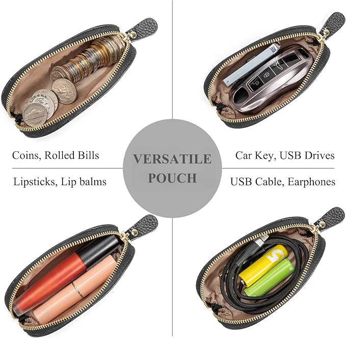 Full Grain Leather Coin Pouch - Travel Small Coin Purse with Zipper - Mini Key Pouch Change Purse for Women and Men (Black)