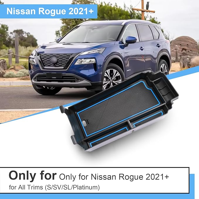 2021-2025 2026 Rogue Center Console Organizer for Nissan Rogue (S/SV/SL/Platinum/Rock Creek/Dark Armor), Durable ABS&Anti-Slip Rubber Console Tray Insert 2026 2025 Rogue Accessories (Blue)