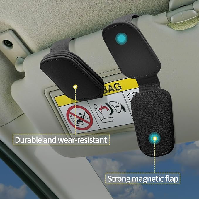 2-Pack Magnetic Sunglass Holder for Car Visor - Suede （Black） | Premium Suede Wrapped, Aluminum Core, Magnetic Grip, Clip to Visor, Holds Eyewear/Cards, Fits Most Vehicles