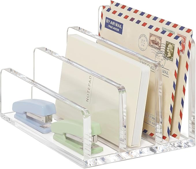 Clear Acrylic Mail Holder, 3-Compartment Vertical Letter Organizer for Desk, Space-Saving Desktop Files, Bills& Notebooks Holder for Home, Office & School