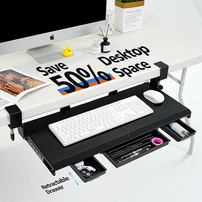 Large Height Adjustable Keyboard Tray with Sturdy C-Clamp Mount and Storage Drawer, 27"(31" Including Clamps) x 12" Slide Out Ergonomic Keyboard Trays for Home and Office, Black