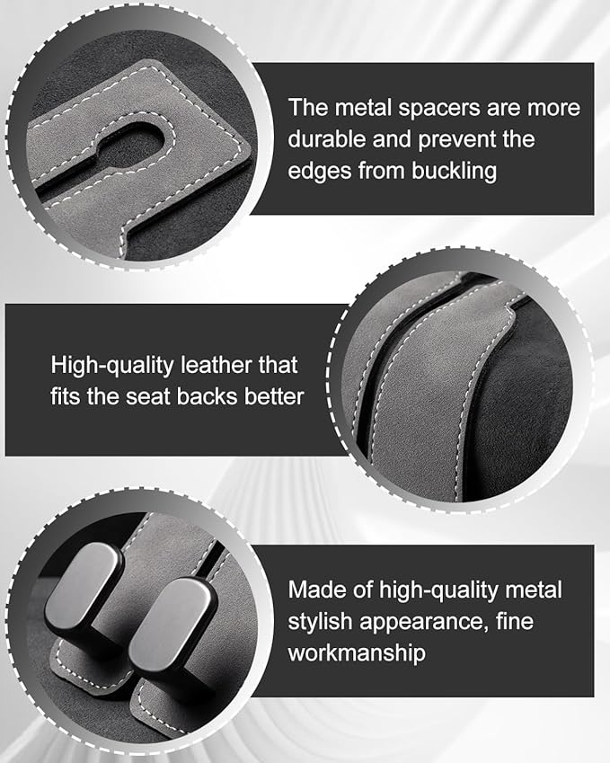 2 Pcs Car Hooks for Headrest, Adjustable Vehicle Seat Back Car Organizers and Storage Accessories, Universal Fit Double Metal Leather Purse Holder for Car (Grey)