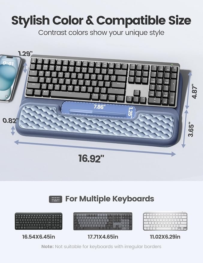 Vaydeer Wrist Rest with Keyboard Stand, Computer Wrist Support Pad, Ergonomic Keyboard Riser Holder Lift Tray with Wrist Pad, Soft Memory Foam Desk Cushion, Palm Hand Typing for Office Home Gift-Blue