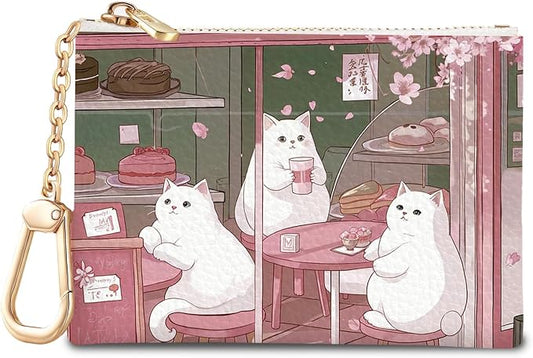 Cute Japanese Cats Keychain Coin Purse for Women, Small PU Leather Change Pouch, Zipper Little Tiny Travel Wallet for Girls, Cute Kawaii Zip Pocket Coin Holder with Key Ring