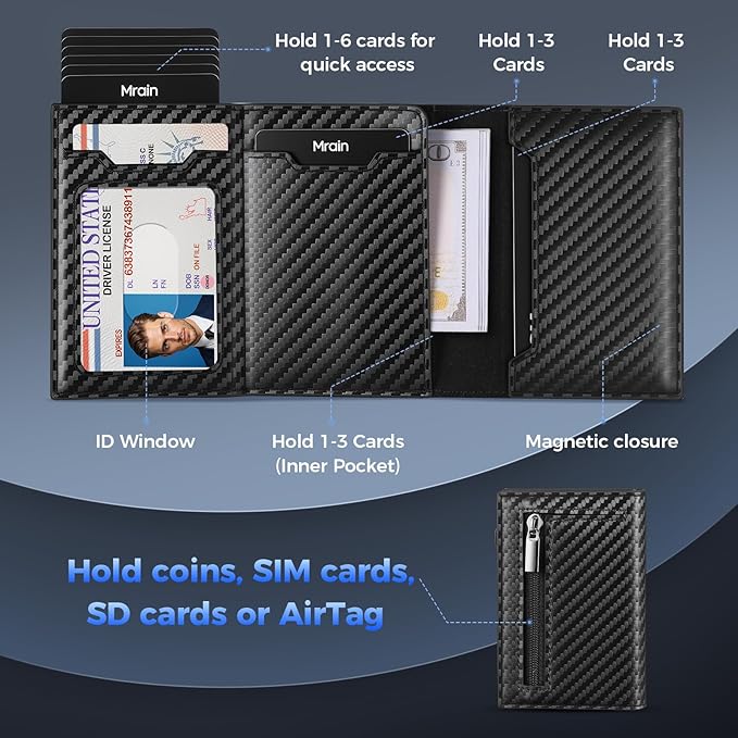Mens Slim Minimalist Wallet Card Holder with Coin Pocket, Cash Slot, Magnetic Closure, Pop Up Aluminum Case, ID Window, Leather Wallet, RFID Blocking, 9-13 Card Capacity (Carbon Black)