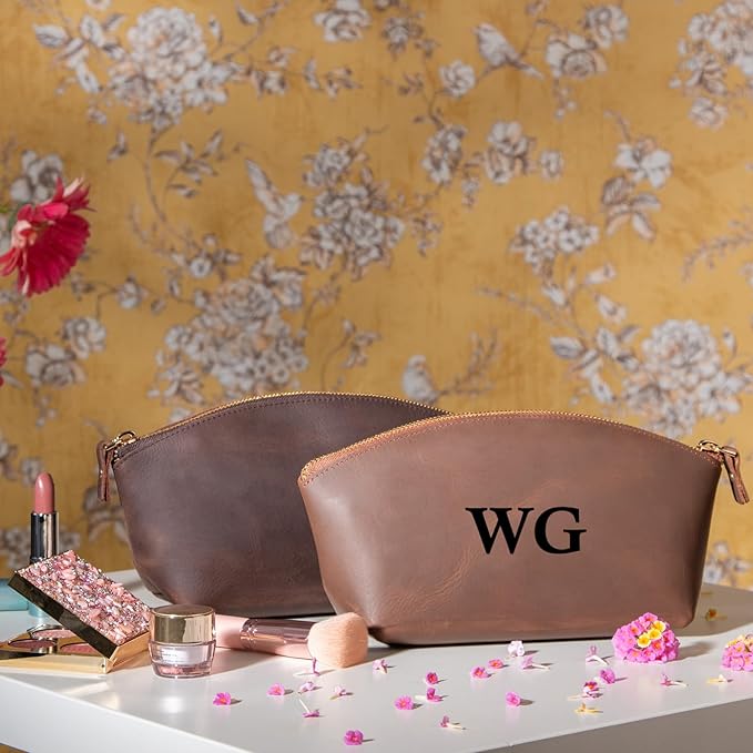Blade Premium Personalized Genuine Leather Cosmetic Makeup Bag - Wedding Gift for Bridesmaid, Travel Organizer Clutch for Women with Zipper Pouch for Toiletry Essentials (Hazelnut)