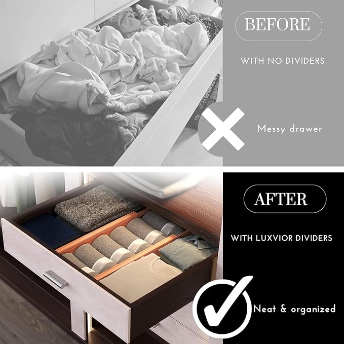 Expandable Bamboo Drawer Dividers 8 pack with labels(17"-22") Drawer Organizer for Kitchen, Clothes,Utensils,Silverware,Dresser,Office,Desk
