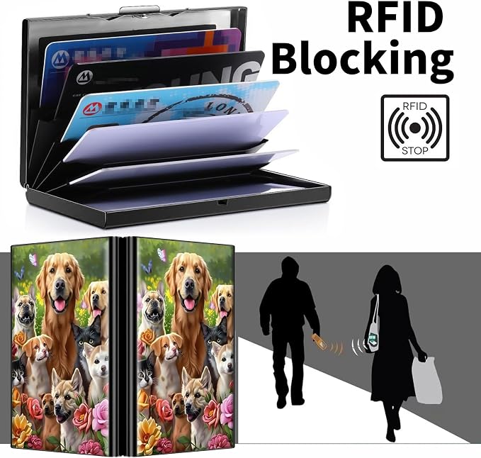 Metal Wallet for Women Men Girls, RFID Blocking Slim Aluminum Credit Card Holder, Mini Travel Wallet with Hard Shell, Lightweight ID & Business Card Case,Dog