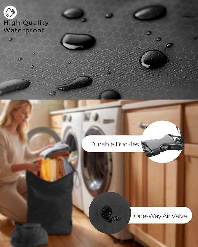 Travel Laundry Bag, Pump-Free Vacuum Compression Dirty Clothes Bag, Reusable Waterproof & Washable Laundry Bag, Wet and Dry Bag, Ideal for Suitcases, Road Trip Essentials (2 Pcs, M+M) Black