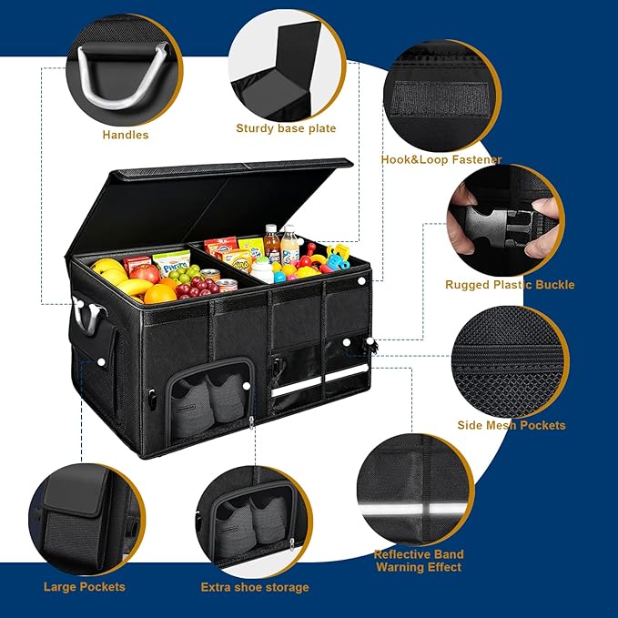 Car trunk organizer, Collapsible Multi-Compartments Car trunk Organizer with Shoes Storage Space, Reflective Strip, Perfect for Car & SUV (23.6 * 13.8 * 11.8 INCH)