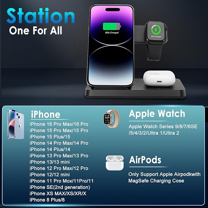 3 in 1 Charging Station for Multi Devices, Wireless Charger for iPhone 8-16 Series & Apple Watch, Wireless Charging Station for AirPods Pro/4/3/2