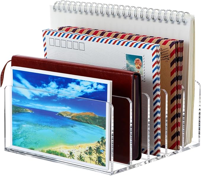 Mail Organizer Countertop, Stylish Acrylic 5 Compartments Mail Holder, Small Desk File Storage Holders for Letter, Bill, Mail Sorter, Desktop Letter Folder Holders for Office, Home, School