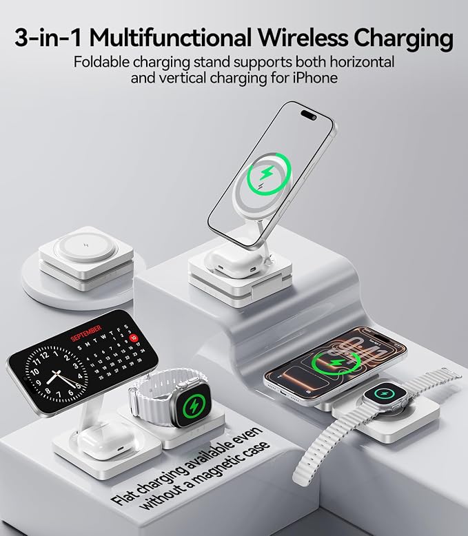 Wireless Charger for iPhone, 3-in-1 Magnetic Charging Station for Apple Device, MagSafe Charger Stand for iPhone 17 16 15 14 13 12 Series, Apple Watch Ultra, Airpods Pro, Foldable, White