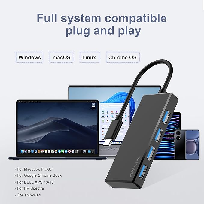 USB C Hub, 4 Ports USB 3.0 Hub Splitter with 5Gbps Data Transfer, USB C Splitter for Type C MacBook, Mac Pro, iMac, Surface, XPS, Flash Drive, Mobile HDD