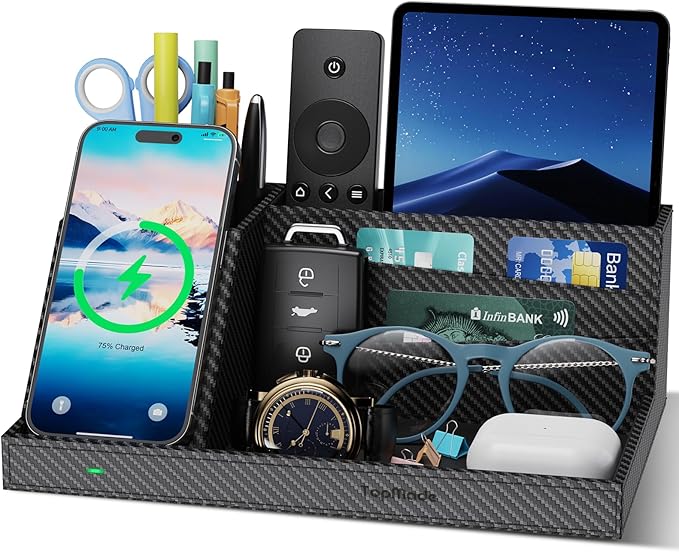 TopMade Wireless Charger Nightstand Organizer, Multi-Functional Leather Home Office Supplies, Fast Charging Station for iPhone, Remote Control Pen Holder, Desktop Storage (Black Carbon Fiber)