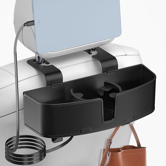 Car Headrest Cup Holder for Back Seat Organizer for Type-c/Lightning Retractable Charging Cables Multi- Hanging Snack Storage Box with Strong Hooks for Kids and Fast Charging for Travel Accessories