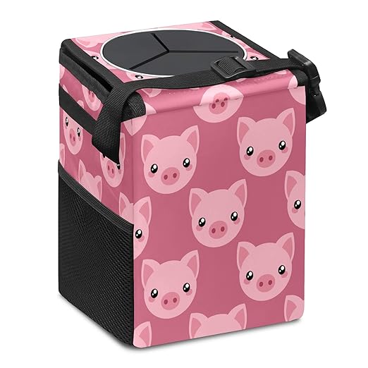 Car Trash Can Pink Piggy Pig Auto Garbage Bag Car Trash Can with Lid Leak-Proof Car Storage Bag Garbage Bag Hanging for Headrest Collapsible and Portable with Storage Mesh Pocket