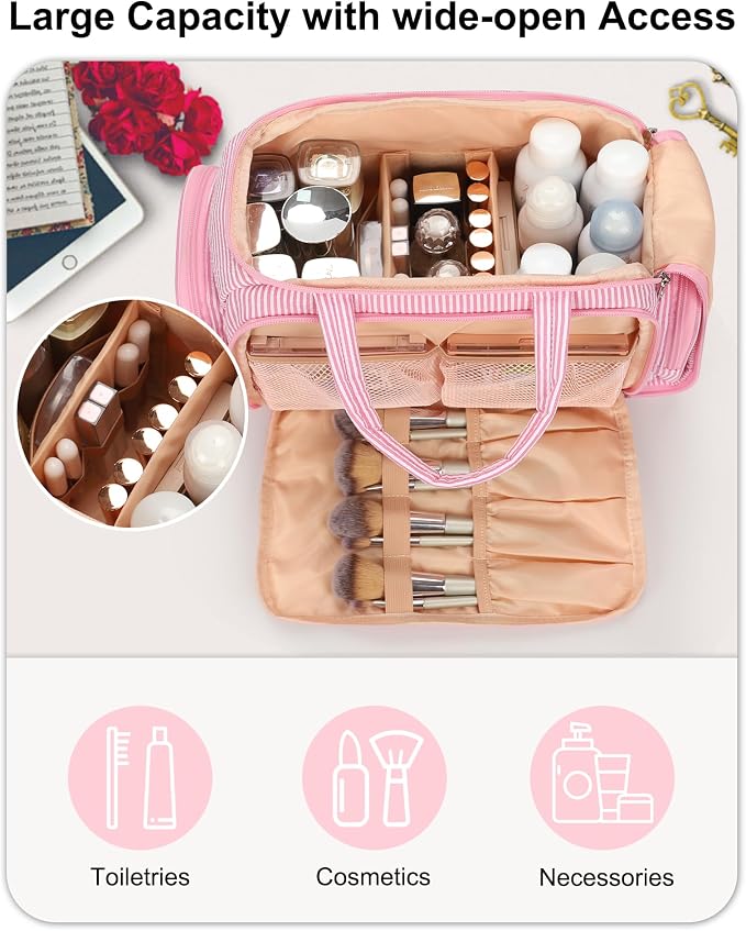 Travel Makeup Bag, Lightweight Wide-open Toiletries Bag for Women, Large Cosmetic Organizer Bag with Makeup Brushes Compartment for Travel-Sized Essentials for Trip, Camping - Pink Strip