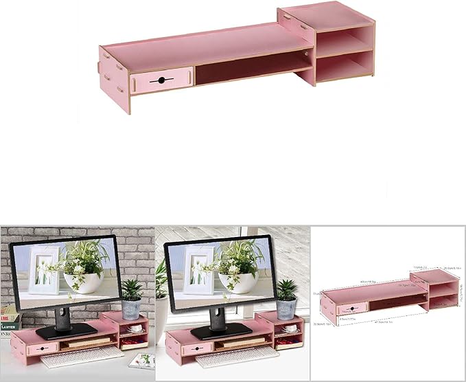 Alvinlite Monitor Stand Riser with 2 Tier Shelf, Desktop Organizer Desk Monitor Stand with Drawer for Screen, Laptop, Printer, Bookshelf for Home & Office, 18.7 Inch Wood Shelf, Pink