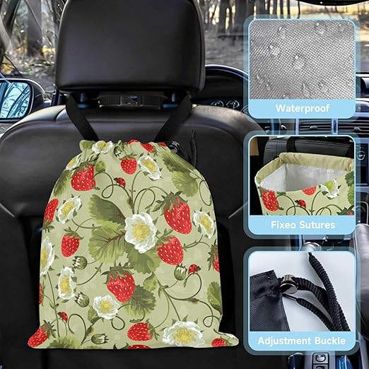 Strawberries and Leaves Car Trash Bag - Waterproof Car Trash Bag Hanging Leakproof Car Garbage Bag - Washable Reusable Trash Bag For Car Interior Hanging Organizer Storage Vehicle Travelling Camping