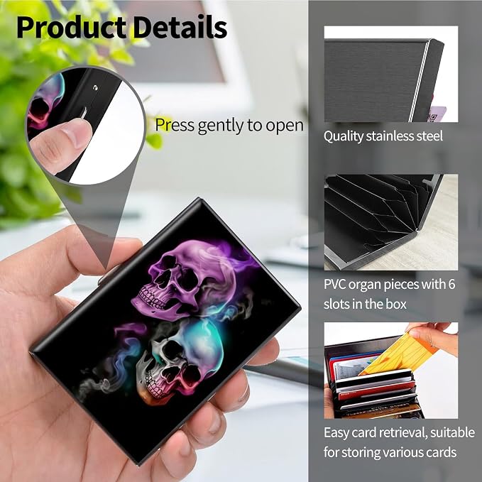 Metal Wallet, Credit Card Holder for Women Men Girls, RFID Blocking Aluminum Wallet Slim Hard Case, Mini Travel Wallet, ID Card Holder Business Card Case,Skull