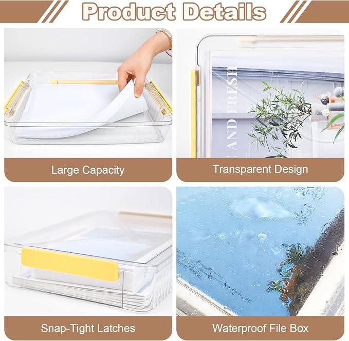 Clear Storage Boxes with Lid - A4 Transparent Paper Storage Organiser with Handle and Portable Project Case Organizer for Storing Certificates, Scrapbook, Toys, and Invoices (Yellow Handle)
