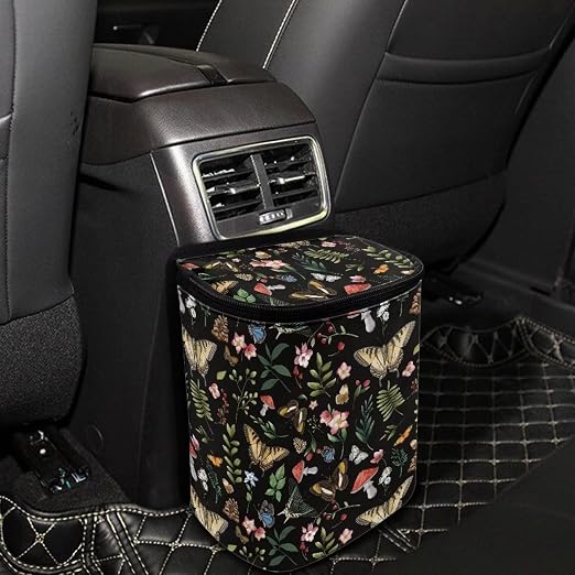 Talayituse Mushroom Butterfly Flower Print Car Trash Bin, Large Size Auto Trash Can Adjustable Portable Garbage Can with Lid, Vehicle Hanging Bag for Headrest Front Back Seat