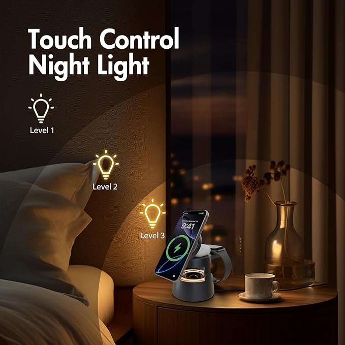 5 in 1 Magnetic Wireless Charger Bluetooth Speakers and Night Light for Apple Mag Safe iPhone 17 16e 16 15 14 13 12 Pro Max iWatch and AirPods Fast Charging Station Gift Ideal for Men Teenage Boys