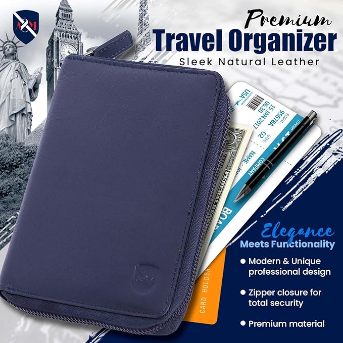 ALLEN & MATE 100% Leather Passport Holder for Travel RFID Blocking Passport Wallet for Men & Women - Zippered Compact Travel Document Organizer Fits Passport, Cash, Cards, SIM, ID and Tickets