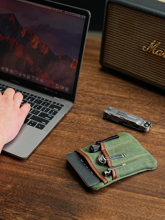 SP4 Waxed Canvas Compact EDC Pocket Organizer, Zippered Pocket Pouch for Men, Mini EDC Organizer for Change, Notebook, Tactical Pen, Flashlight