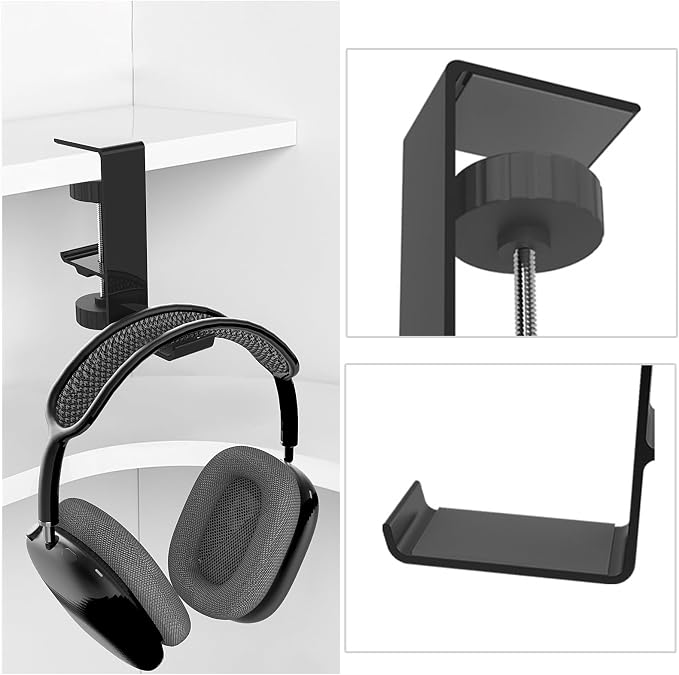 QMQJIA Metal Earphone Holder Hook Under Desk Headphone Stand Headset Hanger with Adjustable Clamp Universal Aluminum Alloy Headphone Hanger Sturdy Hook for Hanging Headphones On Desk Or Shelf