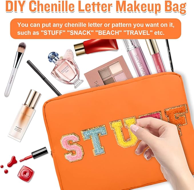 Nylon Large Makeup Bag Travel Cosmetic Bag Pouch, Preppy Big Makeup Bag Cute Cosmetic Zipper Pouch Purse, Waterproof Toiletry Bag Clutch Makeup Organizer Travel Essentials for Women Men Girls(Orange)